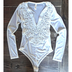 Y2K Bodysuit Womens Small White Mesh Embroidered V Neck Sheer Fairy Ethereal Top